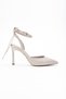 Women's Beige Patent Leather Ankle Strap Heeled Shoes with Back Bow Detail
