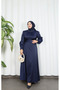 Elegant Satin Textured Belt Detailed Hijab Dress Navy Blue Hnt5855 - 4