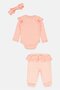 Toddlers Girl 3 Pcs Graphic Print Romper And Bottom With Head Band Set, Coral - 3