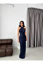 Navy Blue Backless Sequined Long Evening Dress - 3