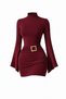Trendy Model Burgundy V-Spanish Sleeve Stand Collar Buckle Detailed Gathering Pattern Mini Designer Dress