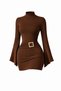 Trend Model Brown V-Bell Sleeve Mock Neck Buckle Detail Shaping / Sculpting Fit Mini Design Dress