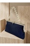 Navy Blue Color Satin Soft Metal Stone Pearl Detailed Chain Strap Crystal Stone Women's Evening Dress Bag - 2