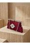 Burgundy Color Satin Soft Leather Metal Stone Pearl Detailed Chain Strap Crystal Stone Women's Evening Dress Bag - 2