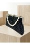 Black Color Satin Soft Leather Metal Stone Pearl Detailed Chain Strap Crystal Stone Women's Evening Dress Bag - 4
