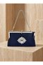 Navy Blue Color Satin Soft Leather Metal Stone Pearl Chain Strap Crystal Stone Women's Evening Dress Bag - 3