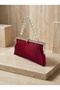 Burgundy Color Satin Soft Leather Metal Stone Pearl Detailed Chain Strap Crystal Stone Women's Evening Dress Bag - 2
