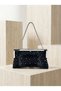 Black Color Satin Soft Leather Metal Stone Pearl Detailed Chain Strap Crystal Stone Women's Evening Dress Bag - 4