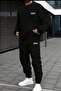 Men's Black Crew Neck Sweat Black Sweatpants No601 Printed Set