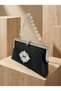 Black Color Satin Soft Leather Metal Stone Pearl Detailed Chain Strap Crystal Stone Women's Evening Dress Bag - 2