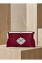 Burgundy Color Satin Soft Leather Metal Stone Pearl Detailed Chain Strap Crystal Stone Women's Evening Dress Bag - 3