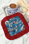 Royal Wave Motif Fringed Presentation Napkin - Far East Inspired Blue and Red Coaster Tissue - 8