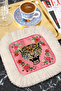 Leopard Floral Motif Fringed Serving Cocktail Napkin - Vibrant Bohemian Pink Cream Coaster Tissue - 3
