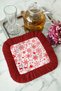 Red Christmas Motif Fringed Presentation Napkin - Winter Themed Bohemian Red and White Coaster Tissue - 4
