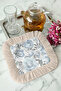 Pastel Flower Garden Fringed Presentation Napkin - Water Gray Bohemian Elegance Blue Cream Coaster Tissue - 4