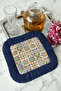 Palace Splendor Fringed Presentation Napkin-Majolik Motif Mediterranean Classic Navy Blue Coaster Tissue - 6