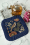 Luxury Bird and Flower Motif Fringed Presentation Napkin - Vintage Rustic Navy Blue Coaster Tissue - 5