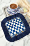Royal Plaid Square Fringed Presentation Napkin-Modern Marine Navy Blue Floral Coaster Serving Napkin - 3