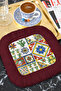 Mediterranean Inspired Fringed Presentation Napkin - Tile Mosaic Bohemian Burgundy Design Coaster Tissue - 7