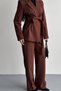 Women's Jacket Pants Set Waist Tie Detailed Blazer Jacket Wide Leg Pants Suit - 6