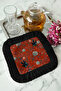 Luxurious Floral Bird Fringed Stylish Serving Napkin - Elegant Bohemian Red Black Coffee Under-Tray Napkin - 6