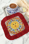 Sophisticated Sun Motif Fringed Presentation Napkin - Mediterranean Bohemian Blue Yellow Red Coaster Napkin