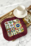 Mediterranean Inspired Fringed Presentation Napkin - Tile Mosaic Bohemian Burgundy Design Coaster Tissue - 3