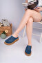 Brenda Model Genuine Leather Denim Blue Perforated Thick Sole Women's Slippers - 4