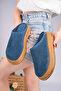 Brenda Model Genuine Leather Denim Blue Perforated Thick Sole Women's Slippers - 2