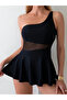 Women's Tulle Detailed One-Shoulder Strap Gathering Black Swimsuit