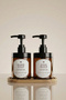 Set of 2 Amber Soap Dispensers with Wooden Stand 220 ml - Kitchen Detergent Dispenser and Liquid Soap Dispenser - 220Hdggoval