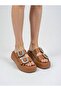 Piper Women's Thick Sole Stone Buckle Detailed Genuine Leather Tan Slippers