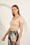 Women's Beige Crop T-Shirt U-Neck Short Sleeve Plain Patterned Slim Fit - 5
