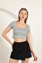 Women's Gray Crop T-Shirt U-Neck Short Sleeve Plain Patterned Slim Fit - 3