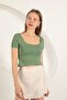 Women's Khaki Crop T-Shirt U-Neck Short Sleeve Plain Patterned Slim Fit - 3