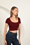 Women's Burgundy Crop T-Shirt U-Neck Short Sleeve Plain Patterned Slim Fit - 3