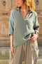 Khaki Half-Patched Ornamented Buttoned Cotton Loose Woven Blouse 65 55 - 4