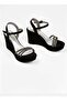 Black Suede Stone-Embellished Wedge Sole Women's Heeled Shoes - 540 - 2