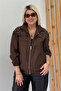 Brown Shoulders Stone Embroidered Zippered Bomber Coat - 2
