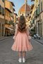 Girl's Salmon-Colored Evening Dress with Transparent Tulle on the Sleeves and Polka Dots, and Ruffle Detail on the Collar. - 5
