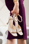 Beige Patent Leather Ankle Strap Block Heeled Women's Shoes - 2