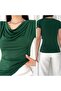 Women's Padded Shoulders Pleated Short Sleeve Sandy Fabric Blouse 9486 - 2