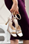 Beige Satin Ankle Strap Block Heeled Women's Shoes - 2