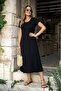 Women's Short Sleeve V-Neck Slit Midi Viscose Dress - 2