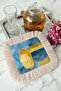 Artistic Luxury Fringed Coffee Serving Napkin - Colorful Modern Blue Yellow Beige Coaster Napkin - 7