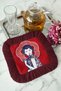 Vintage Women's Portrait Fringed Presentation Napkin - Modern Retro Burgundy Red Coffee Side Presentation Handkerchief