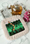 Emerald Geometric Gold Color Fringed Presentation Napkin - Green Cream Coaster Tissue with Marble Pattern - 2