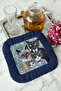 Cat Family Illustrated Tasseled Presentation Napkin - Vintage Bohemian Blue Navy Blue Coaster Tissue - 5
