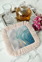 Marble Effect Fringed Serving Cocktail Napkin - Modern Gray Coaster Napkin with Aqua Gold Color - 7