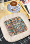Oriental Mosaic Fringed Coffee Side Serving Napkin - Ethnic Style Turquoise Red Cream Presentation Napkin - 8